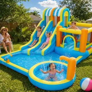 16x12.5FT Dinosaur Inflatable Water Park - Heavy Duty Blow Up Water Slide Bounce House with Splash Pool & Climbing Wall for Kids Backyard Summer Party