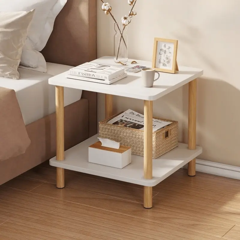 Simple Modern Double-Layer White Small Square Table, Approx. 15.7*15.7*20.9 Inches, with Solid Wood Legs - White Side Cabinet, Small Bedroom Bedside Storage Table, Bedside Organizer Table