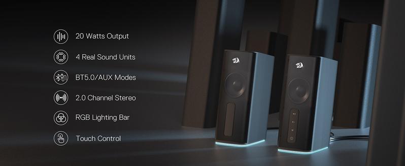 Redragon GS814 Stereo Desktop Speaker, 20W Output, 4 Real Units, BT 5.0/3.5mm AUX, Enhanced Bass, Touch-Control, Dynamic RGB Lighting