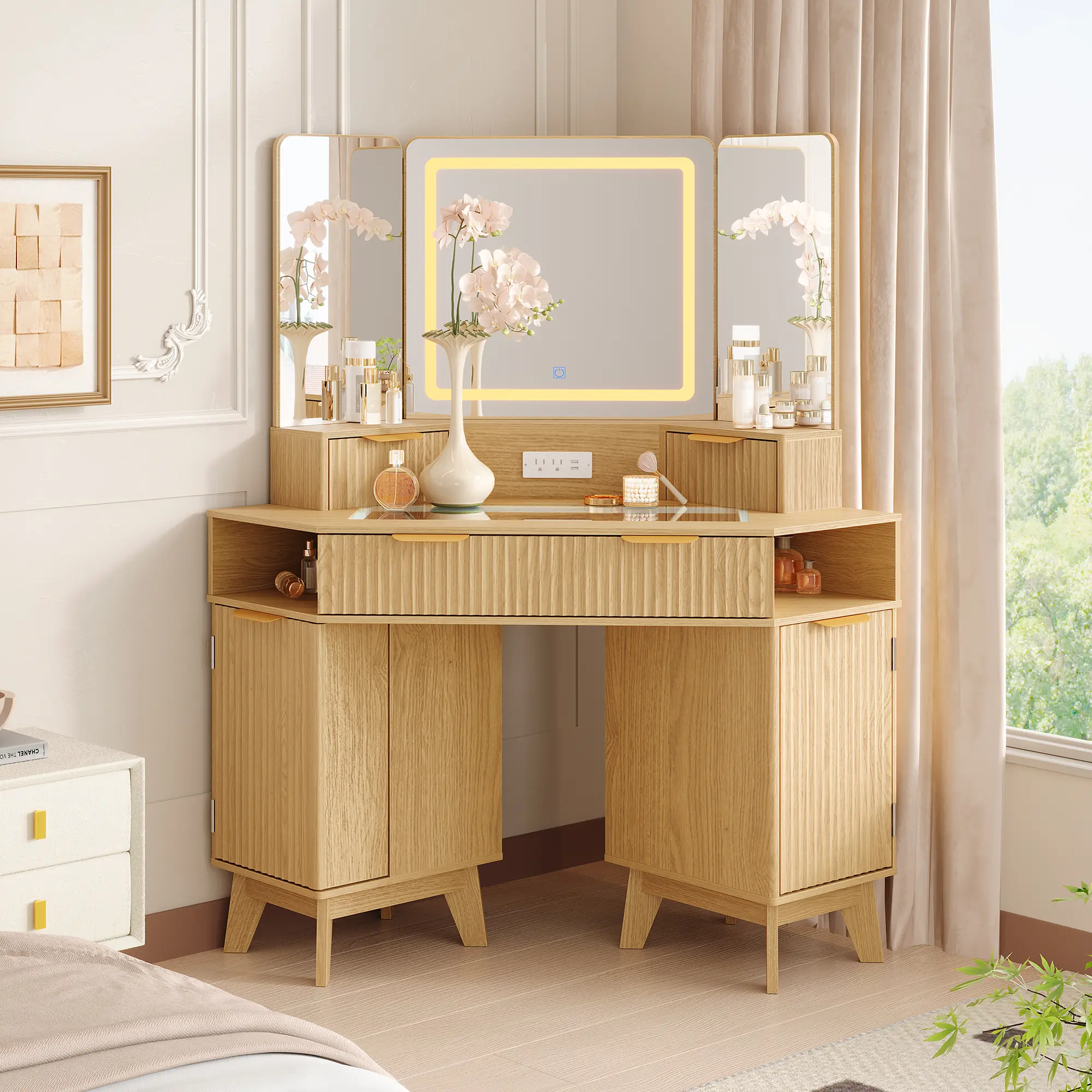 48-in Fluted Makeup Vanity Desk with HD Triple Lighted Mirror - Large Corner Dressing Table, Glass Top, Charging Station, Wooden Base for Bedroom