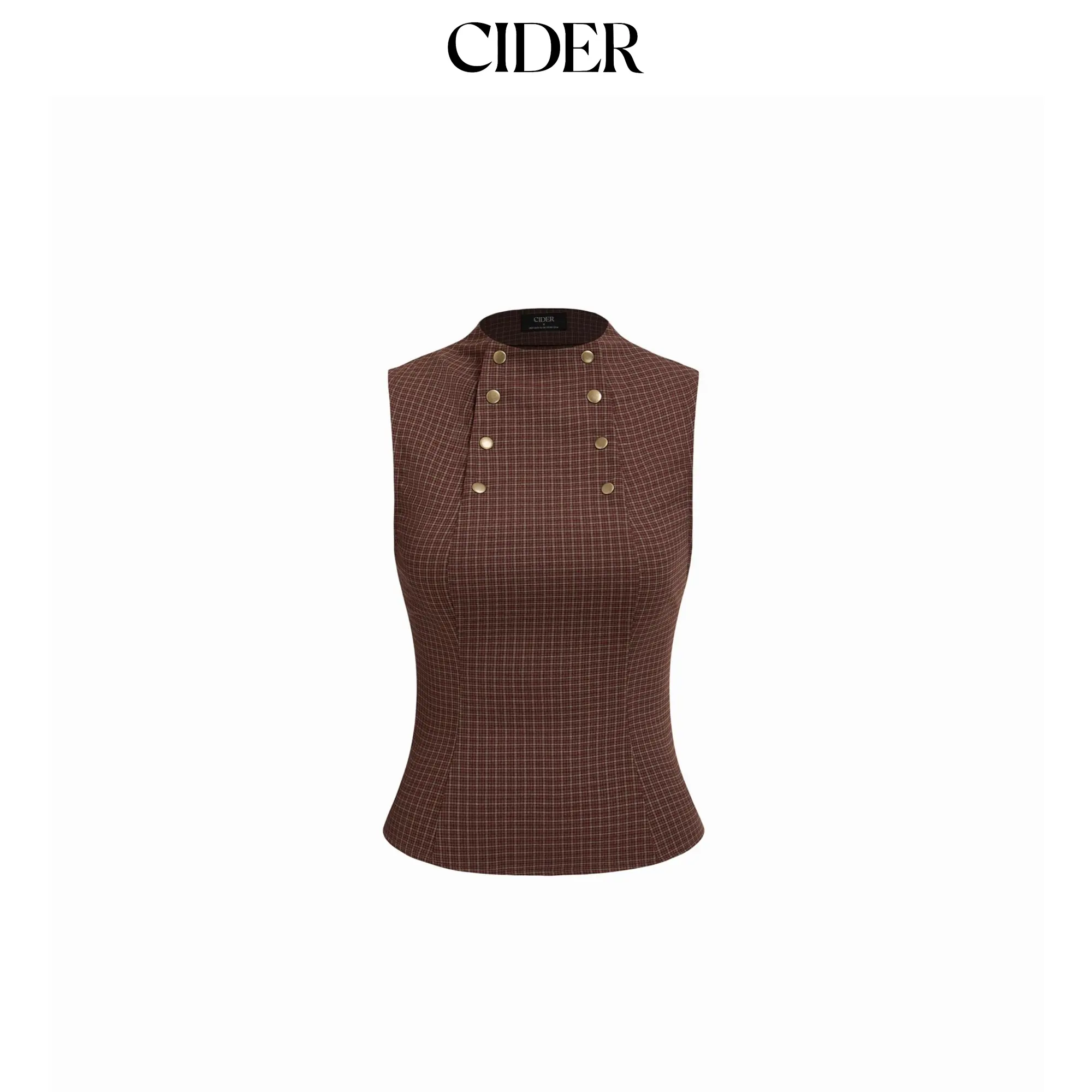 Cider Plaid Stand Collar Sleeveless Blouse