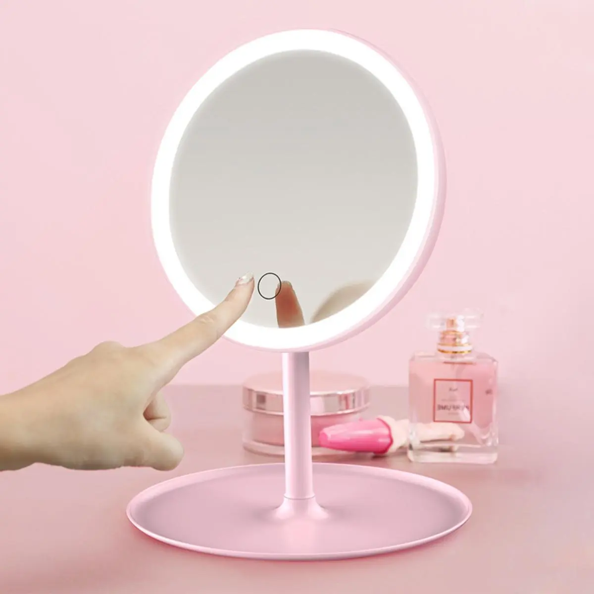 Rotatable Round Lighted Makeup Mirror, USB Rechargeable Touch Screen ...