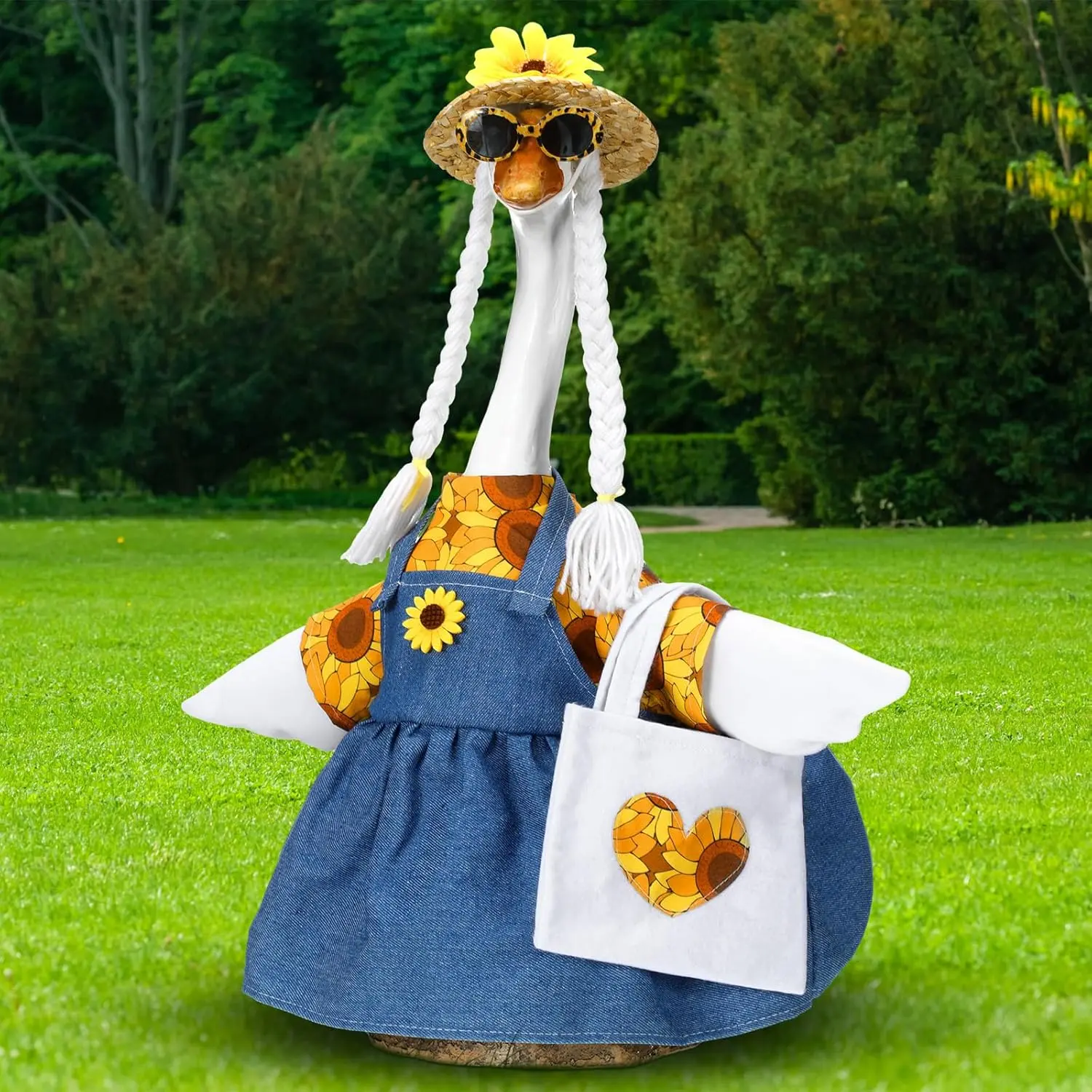Soulchen 1 Set Spring Sunflower Porch Goose Outfit 23 Inch Cement Sunflower Goose Dress Clothes and Hat Costume Set for Spring Summer Party Yard Lawn Outdoor Garden Patio Decor