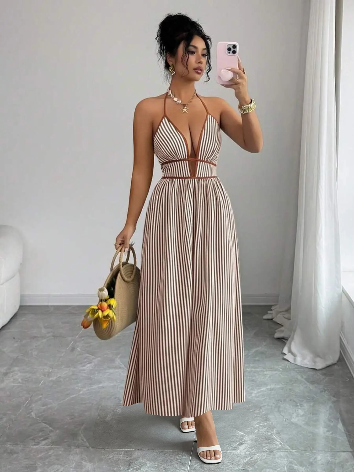 New Women's Maxi Dress, Striped Deep V Sexy Halter Neck Dress, Trendy Summer Fashion, Perfect for Vacation, Beach & Parties, Beach Party Dress