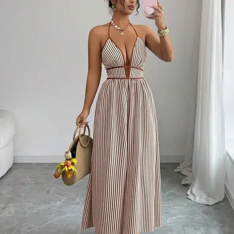 New Women's Maxi Dress, Striped Deep V Sexy Halter Neck Dress, Trendy Summer Fashion, Perfect for Vacation, Beach & Parties, Striped Pattern Dress
