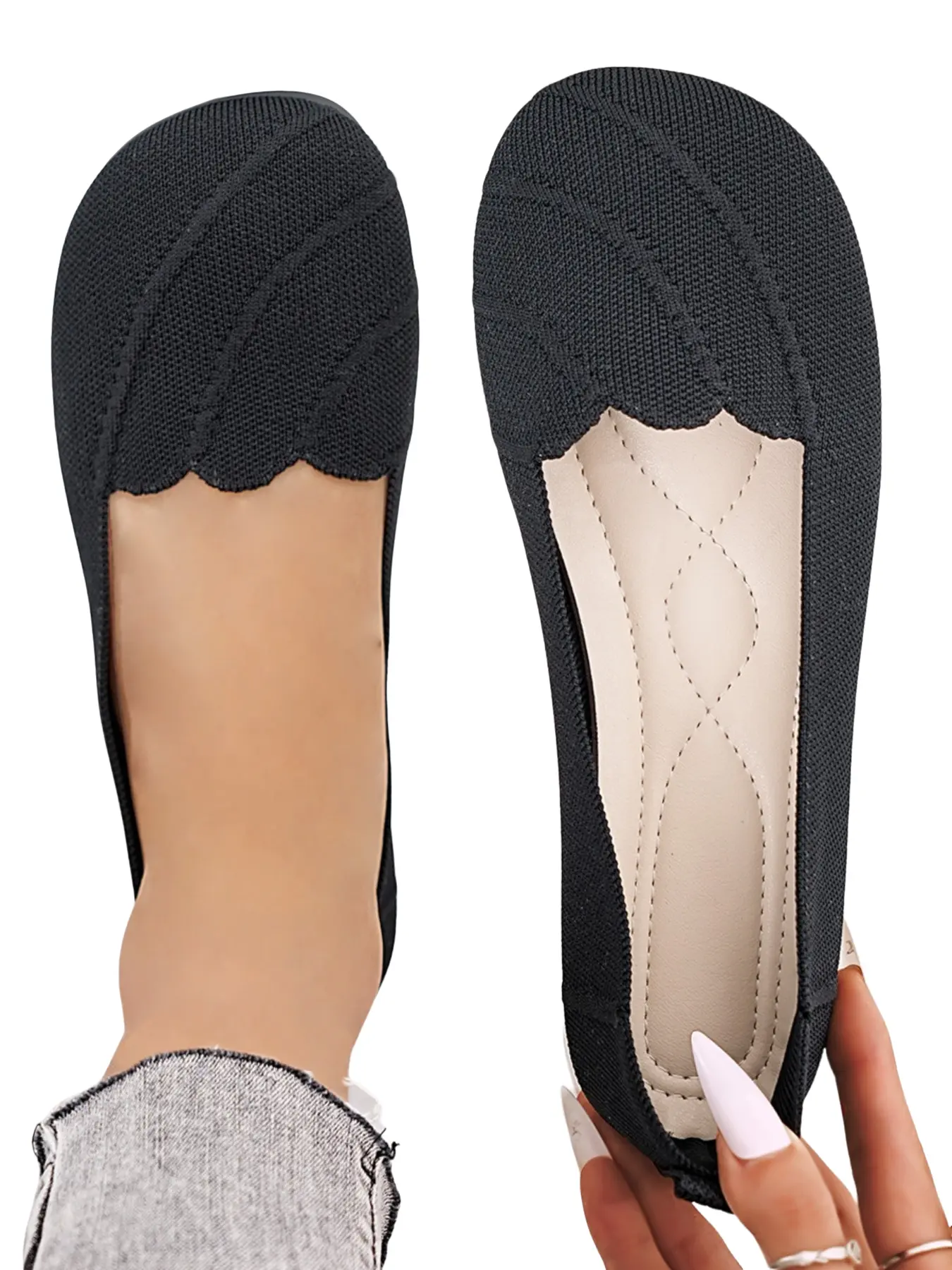 Breathable Knit Soft Sole Grandmother Shoes, Shoes Flats, Versatile Low Top Lazy Single Shoe, Floral Trim, Comfortable and Stylish Footwear