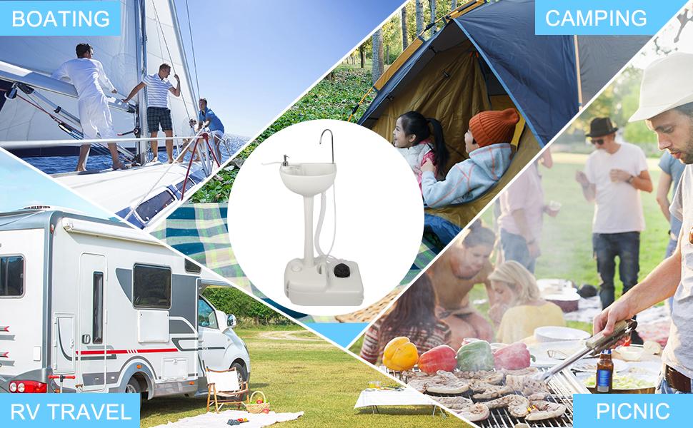 Outvita Portable Camping Sink w/ 19L Water Tank Rolling Wheels Towel Holder Soap Dispenser Faucet, Outdoor Foot Pump Washing Station for RV Boat Travel Picnic Worksit