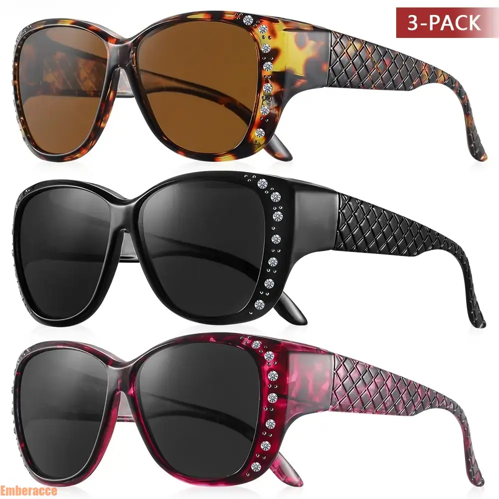 3 Pack Women's Fit Over Sunglasses, Oversized Over Glasses for Prescription Eyewear, UV400 Protection Driving Sunglasses with Wide Coverage Lens, Lightweight Outdoor Sun Glasses for Travel, Road Trips, Walking and Daily Wear