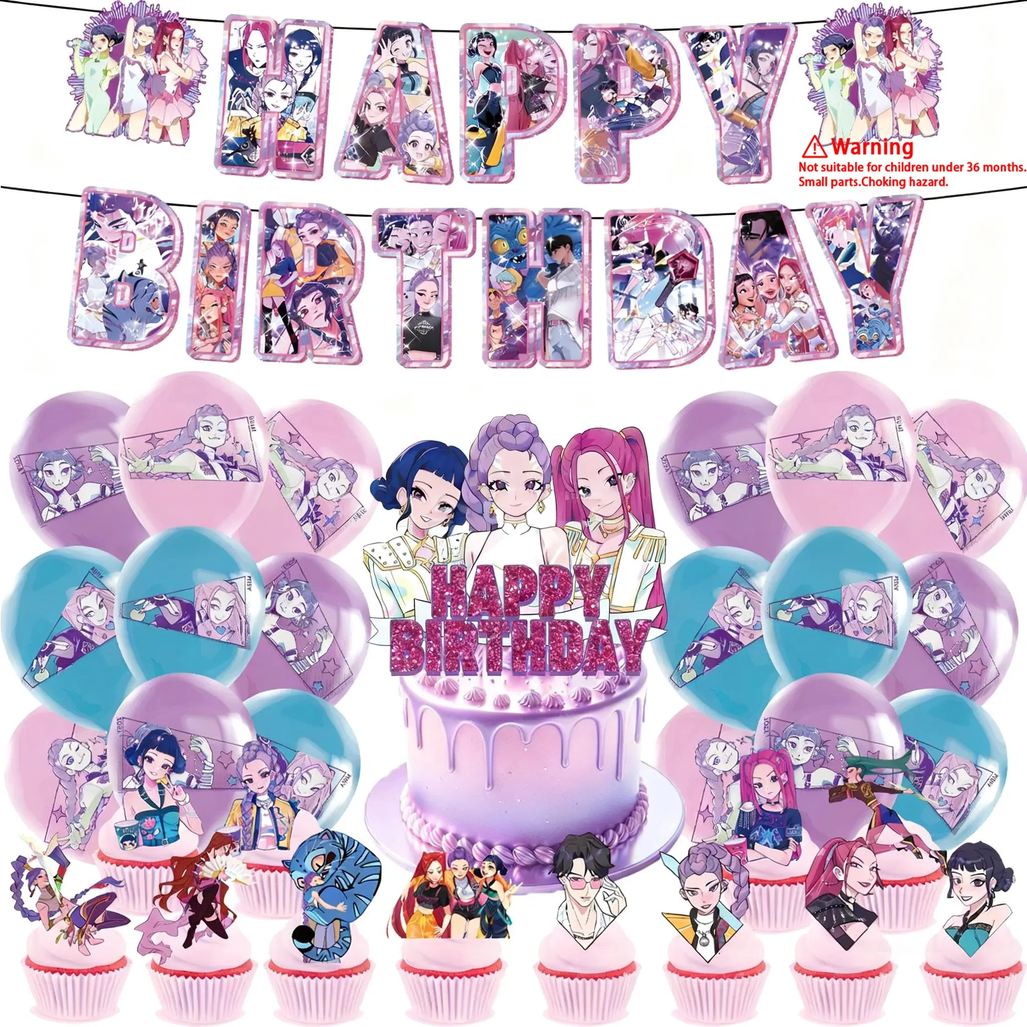 New Trendy Korean Movie Demon Girl Group Birthday Party Decorations, Happy Birthday Banner, Large Cake Flag, Cupcake Flags, Colorful Latex Balloons