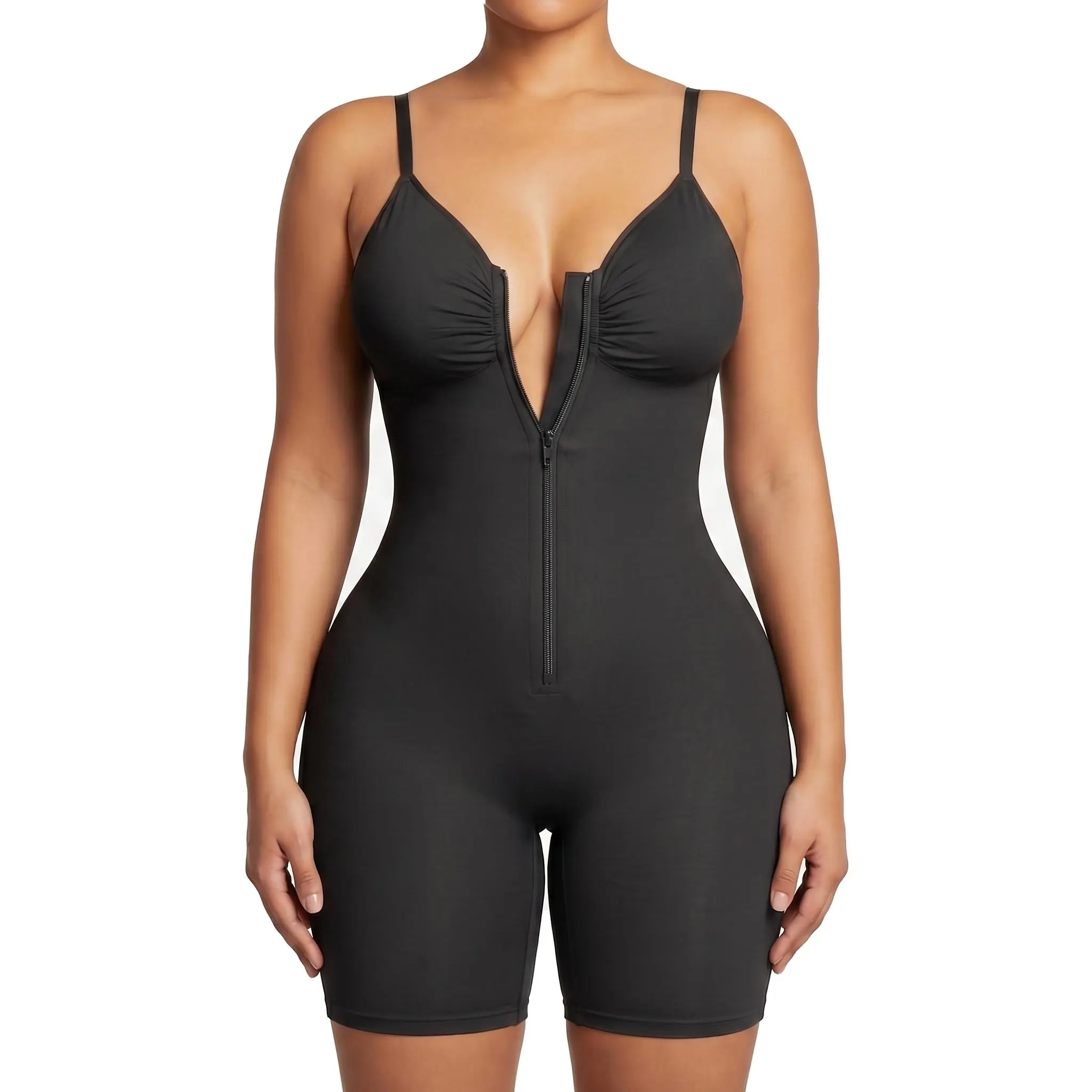Women's Tummy Control Spaghetti Strap Bodysuit - Zip-Up, Ultra Stretch Yarn Fabric, Customizable Fit, Breathable Mesh, Smooth Style Top