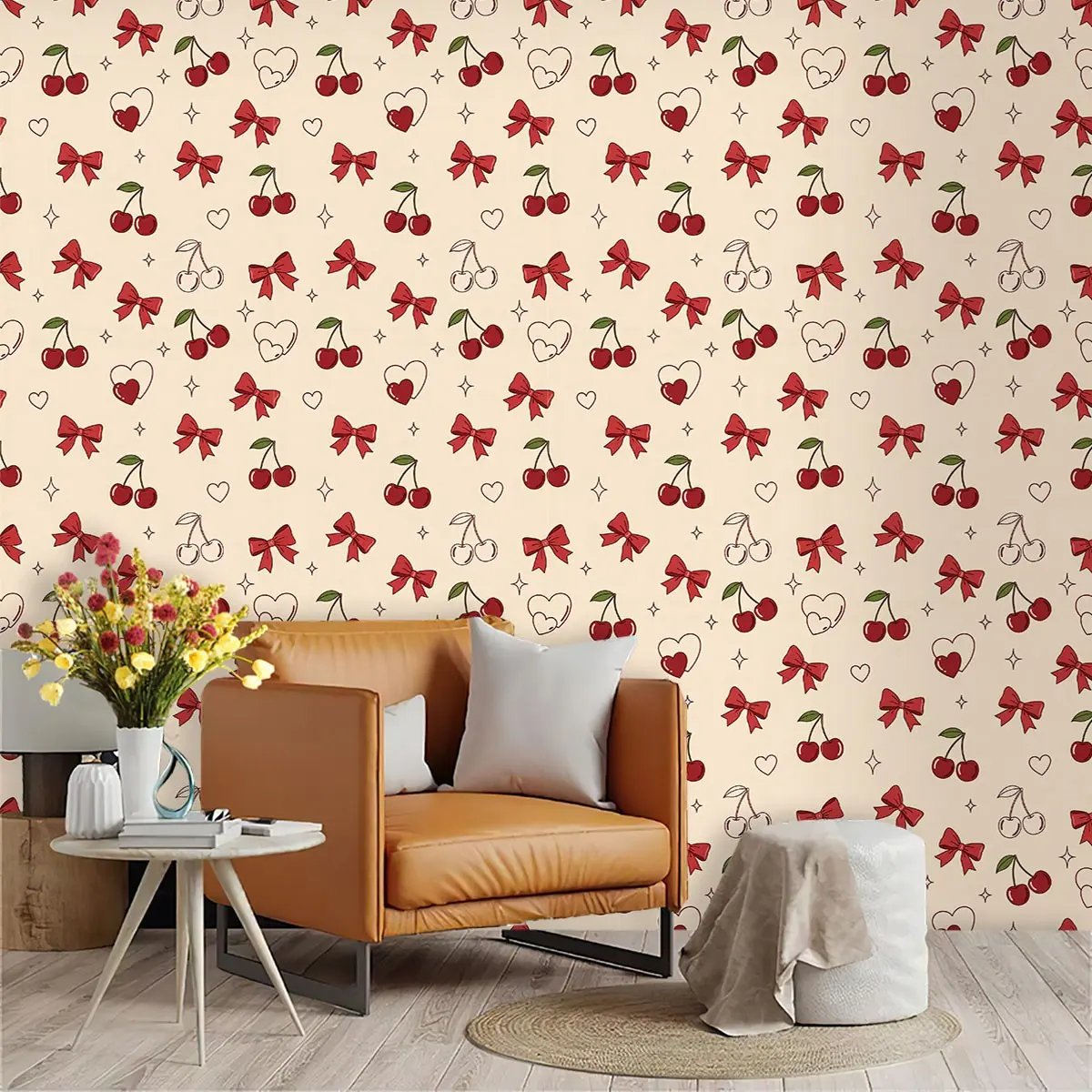Simple Line Hand-Drawn Style Wallpaper, Cherry/bow/triangle Pattern, PVC Material, Self-Adhesive, Ideal for Living Room/kitchen/bedroom Decor
