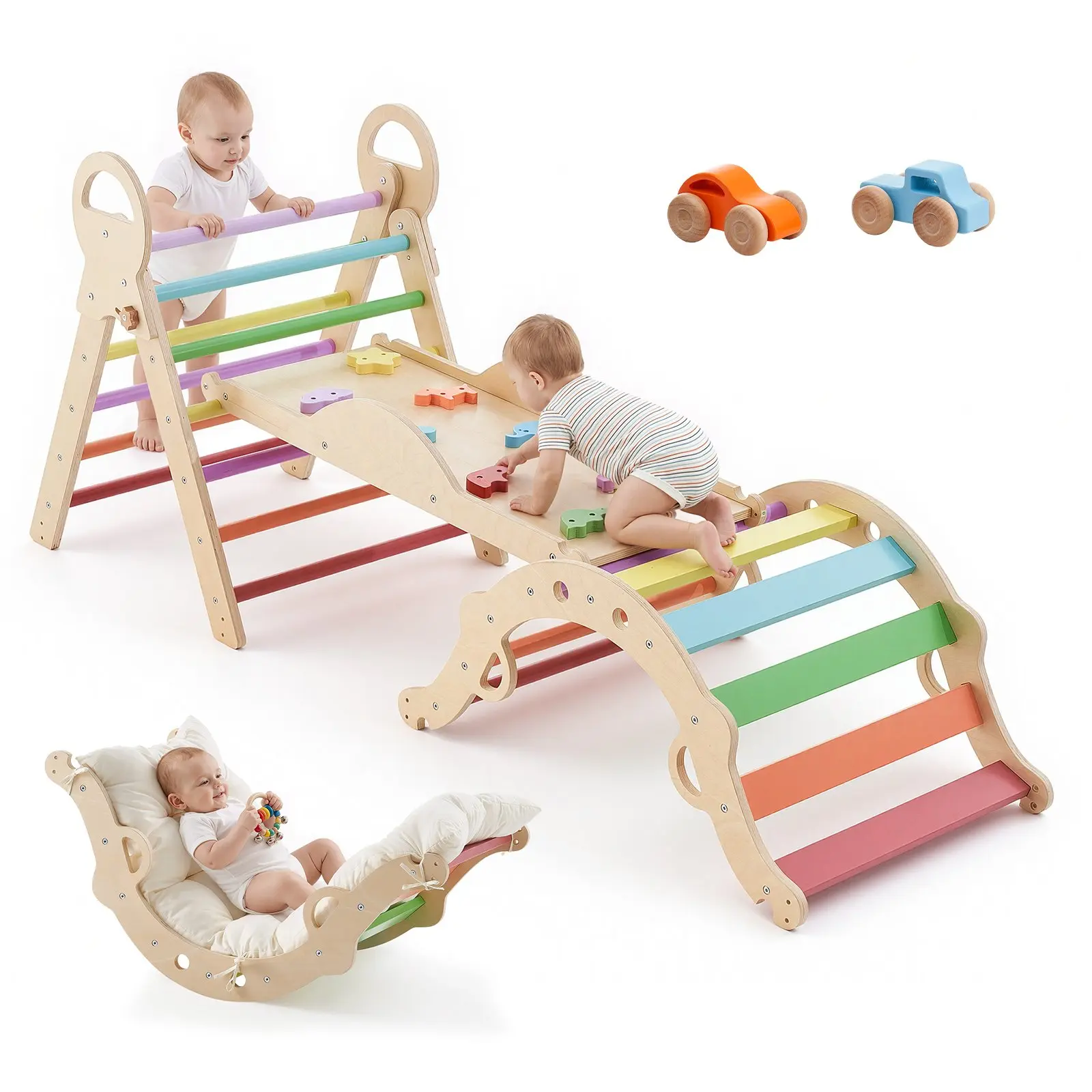 VEVOR 9-in-1 Foldable Montessori Pikler Triangle Climbing Set, 150 lbs Load, with 2 Wooden Cars, Cushion, Arch, Ramp, Cotton Fabric, for Toddlers’ Holidays, Birthdays, Exploring, Balance Training