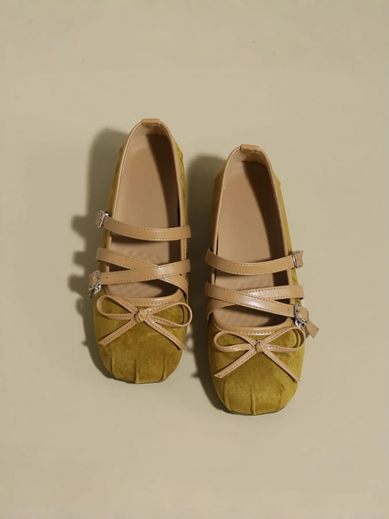 Women's Mustard Matte Mary Jane Shoes, Dual Adjustable Buckle Straps Soft Sole Daily Commute Footwear