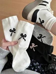 3 Pairs Women's Socks, Bow Sweet Mid-Calf Crew Socks, Ballet Style Plain Cute Girl Socks, Valentine's Gift, Comfortable Soft Daily Wear