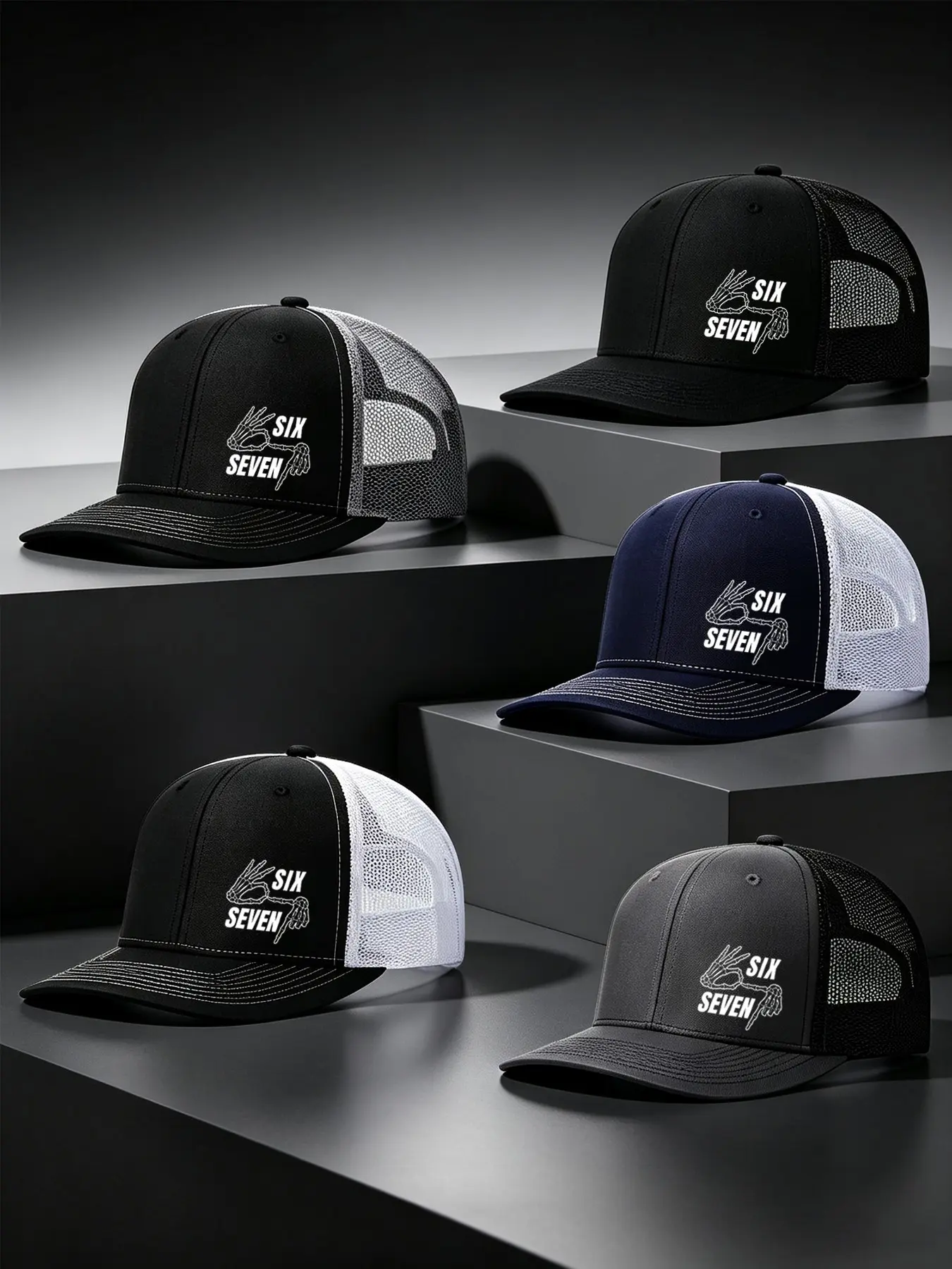 5pcs Unisex Trucker Hat Skull Printing Mesh Baseball Cap Richardson Slightly Curved Brim Baseball Cap Adjustable Dad Hats Outdoor Mesh Breathable Sun Hat Gift for Men Women