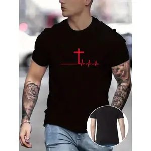 Men's T-Shirt with Cross Pulse Print - Knit Polyester Blend Crew Neck Tee, Regular Fit with Slight Stretch, Breathable Comfort - Seasonal Top for Men Casual Cotton Aesthetic Baseball Basic Black Menswear Cap Cargo Cargo Pants trendy outdoor wear coloful