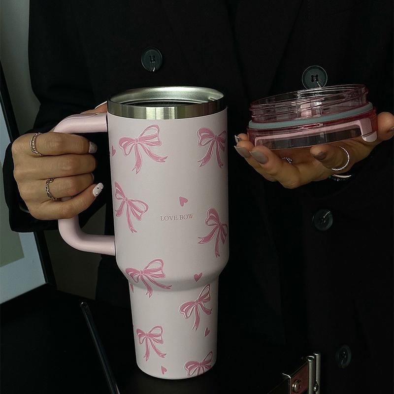 Bow Pattern Tumbler Cup, 40oz Large Capacity Stainless Steel Insulated Cup with Handle, Portable Coffee Cup for Travel, School, Office, Outdoor, Gym, Drinkware, Vacuum Insulated Tumbler