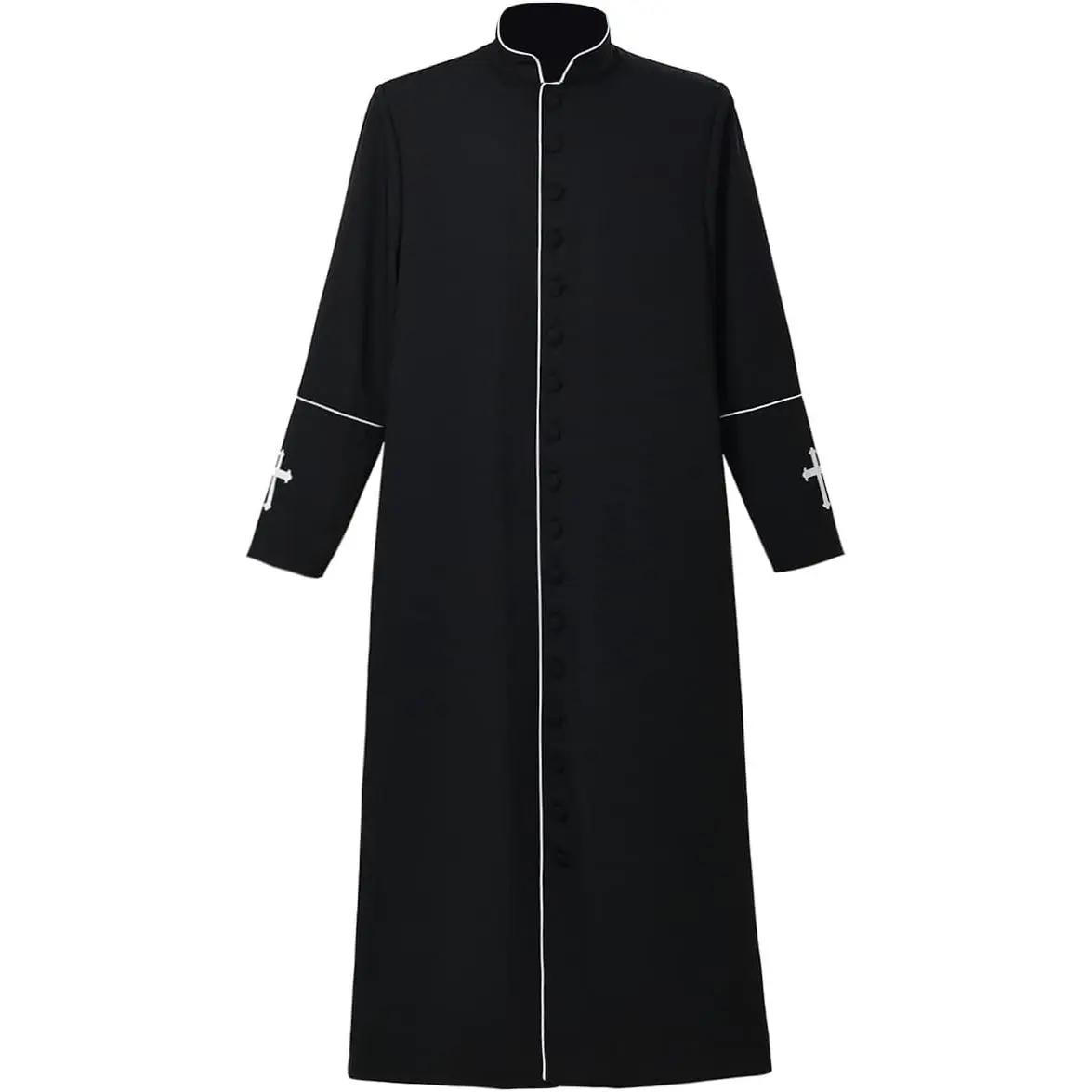 Men's Thick Clergy Cassock Robe with Cross Embroidery, Polyester Blend Liturgical Vestment for Pastors with Stand Collar, Menswear, Clothes