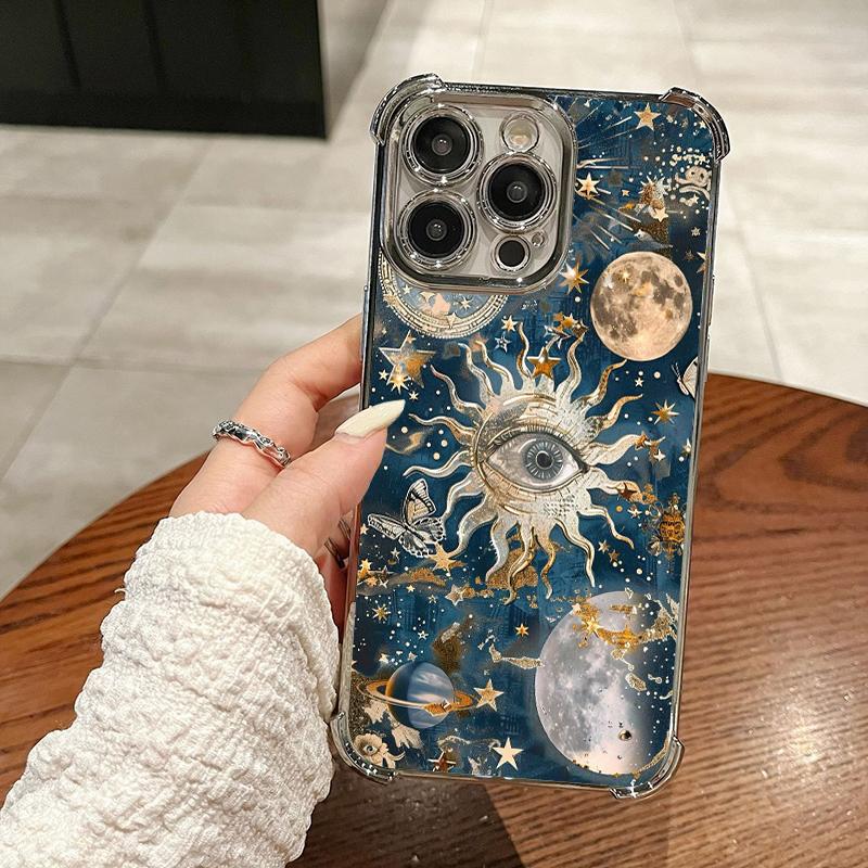 Celestial Sun and Moon themed Pattern Four Comers Air Cushion Anti-drop phone case Suitable for iPhone 16 15 14 13 12 11 Pro Max Plus electroplated Shockproof case Screen Protector Protection Protective Cover Smartphone Casing
