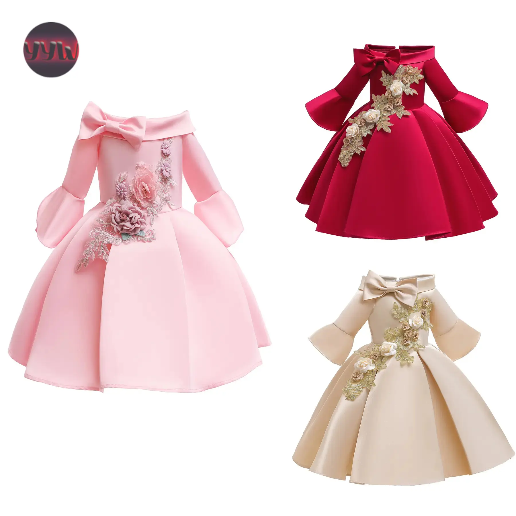 YYW1 Princess Dress 2-10Y Little Girls Embroidery Bow Long Sleeve Round Neck Dress One Piece Party Dress ZT-3192 Baby Clothing girlclothes