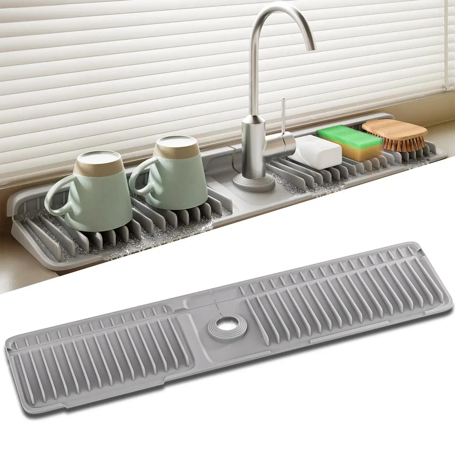Kitchen Sink Silicone Faucet Mat, 24in (24''x5.5'') Adjustable Splash Guard with 7° Slope for Fast Self-Draining, Quick Drying & Easy to Clean