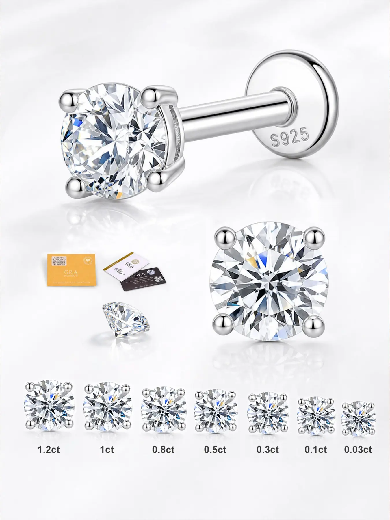 VVS1 D Color Moissanite Flat Back Stud Earrings, S925 Sterling Silver Cartilage Piercing Jewelry, Hypoallergenic Helix Tragus Studs, Unisex Gift for Birthday Christmas，ldeal for Daily Wear, Weddings, Parties,Engagements, Anniversaries, Valentine's Day