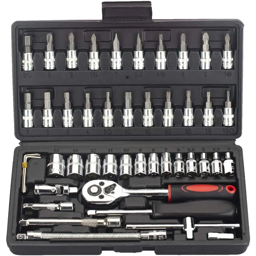 46- 1/4-inch  Drive Socket & Bit Set Combination with Reversible Ratchet Wrench Tools Kit for Auto Repairing & Household with Storage Case (Dark Grey Box)