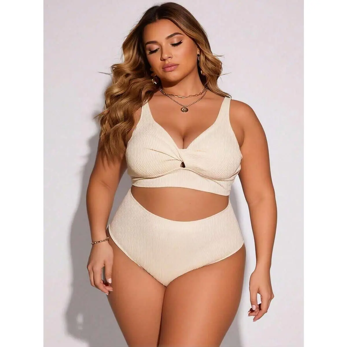 2026 Vacation Style Plus Size Bikini: Minimalist Cream Ribbed Design For A Chic And Comfortable Beach Look
