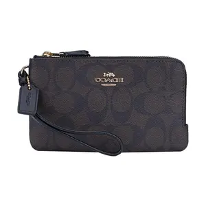 COACH Corner Zip Double-Zip Clutch Bag for Women, Monogram Canvas with Leather Trim, Mahjong Style, Black and Brown