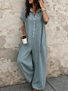 Women's Summer Casual Collared Romper, Loose Fit Slimming Wide Leg Long Pants, Lazy Style Versatile One-Piece