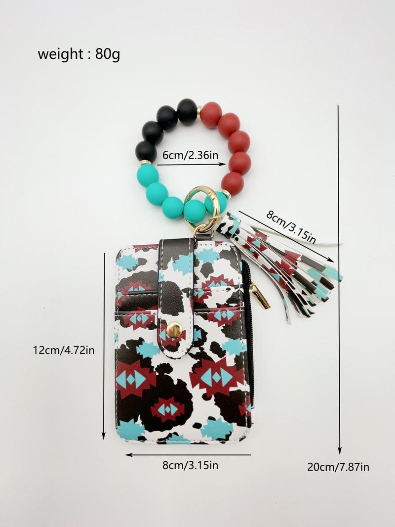 Fashion Leopard & Floral Pattern Beaded Wristlet Keychain, Boho Style Tassel Decorated Wallet Keychain for Women & Girls, Casual Trendy Accessories for Daily Use, Keychain Wristlet Strap