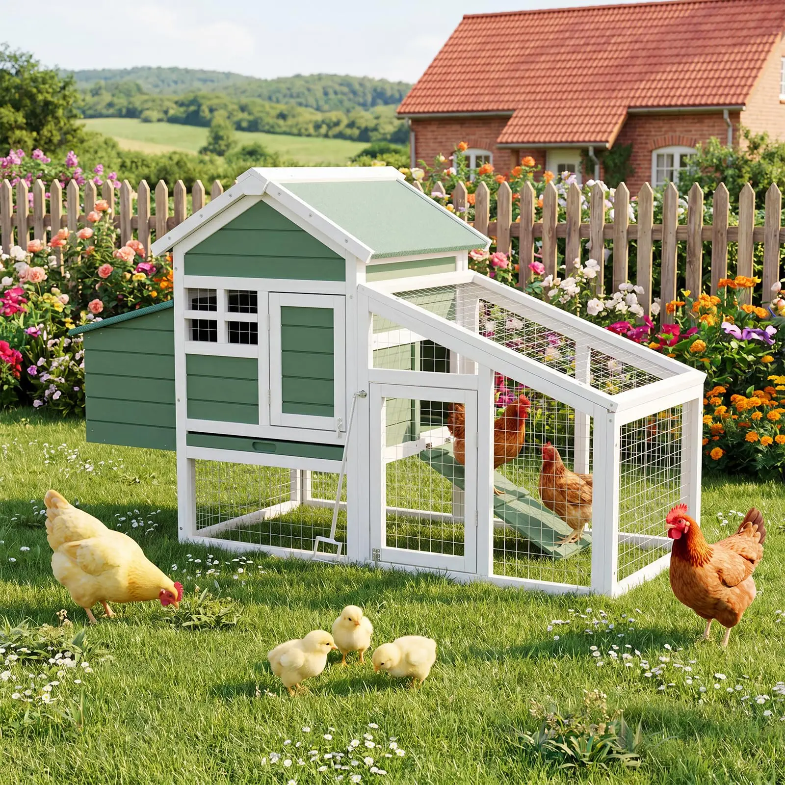 Wooden Chicken Coop with Nesting Box, Outdoor Poultry House with Anti-Slip Ramp & Pull Out Tray, Weatherproof Hen House for Backyard, Garden