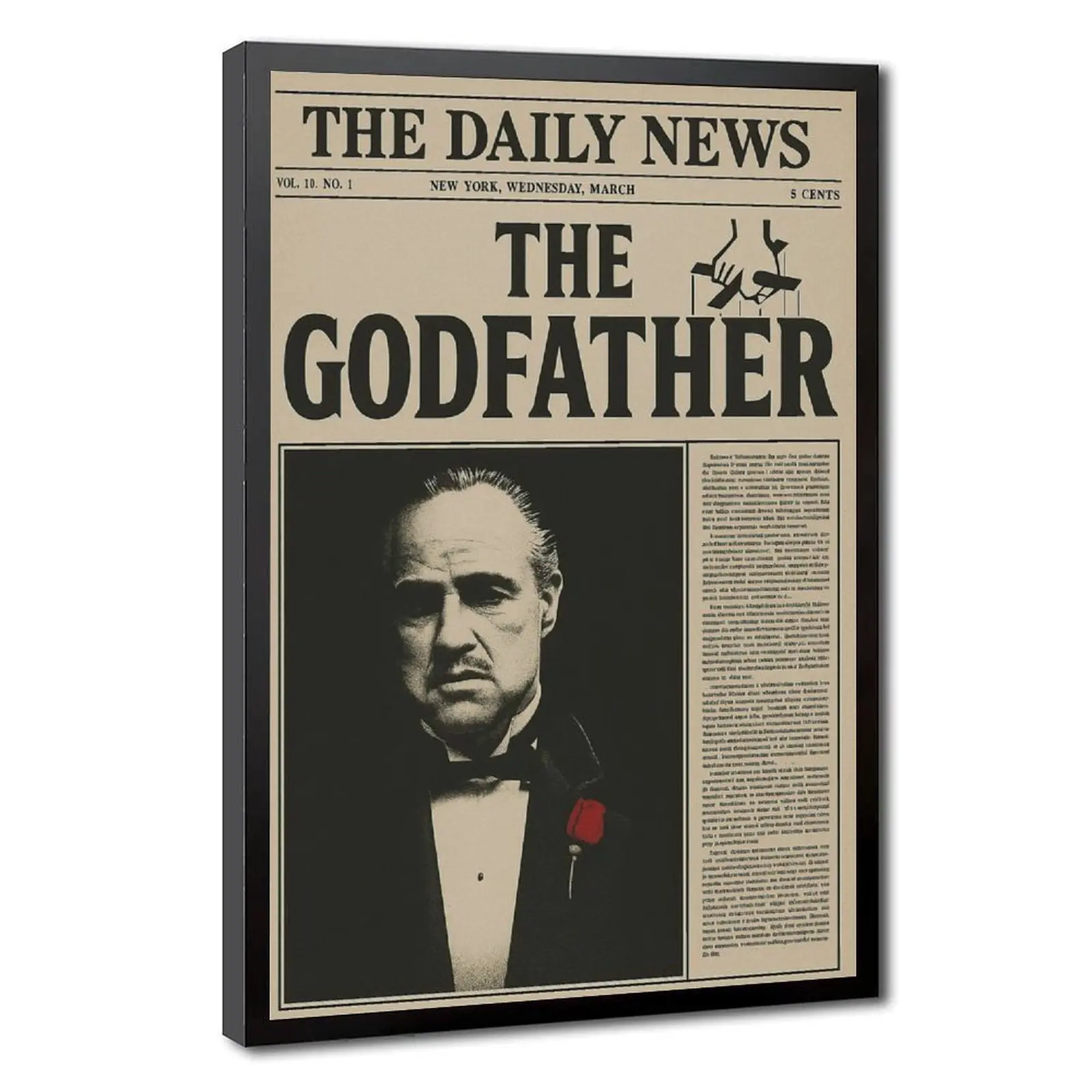 The Godfather Vintage Daily News Front Page Framed Canvas Wall Art | Marlon Brando as Vito Corleone Iconic Movie Poster Print | Classic Film Home Decor Gift
