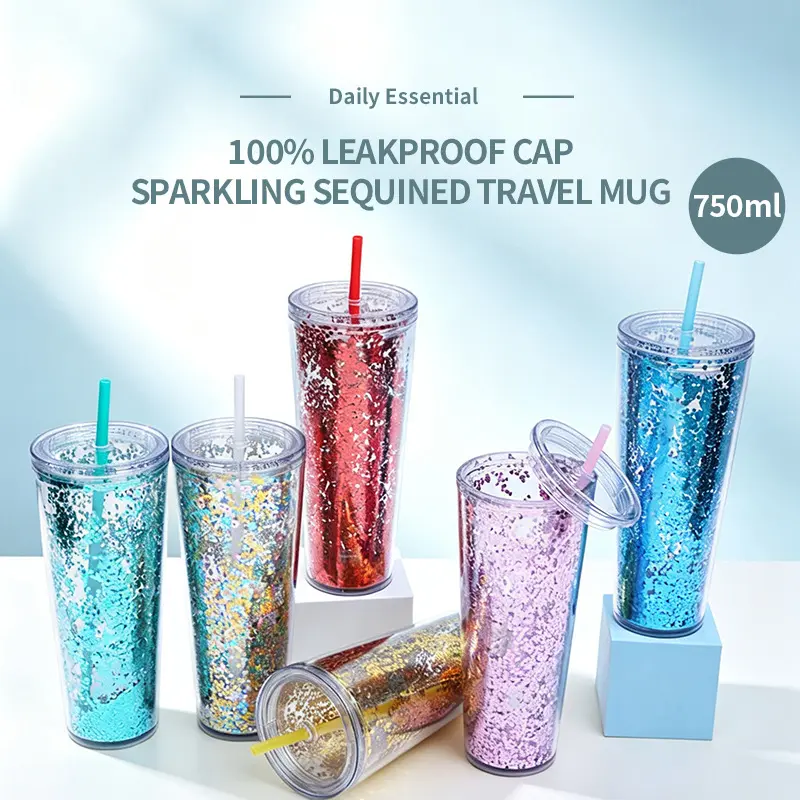 750ML Large Capacity Summer Water Cup, Double Wall Glitter Sequins Plastic Tumbler, Luxury High-End Straw Drinking Cup for Daily Use