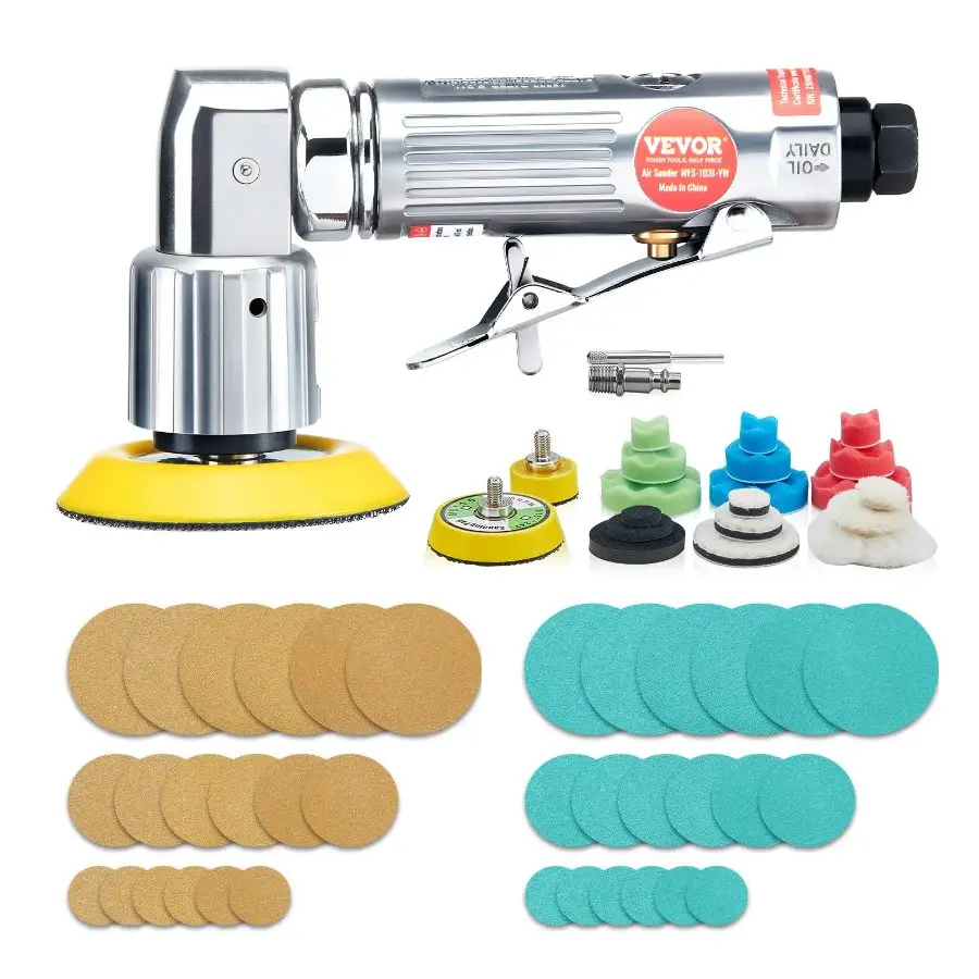 VEVOR 1/2/3 in Random Orbital Air Sander-Polisher Tool Kit, 15000 RPM High-Speed Lightweight Portable Model, 58PCS Set with Sandpapers Wool Pad Wavy Sponges, 3 CFM Inlet Port for Auto Work (Easy to Grip, Father's Day Gift), Random Orbital Polisher, Polish