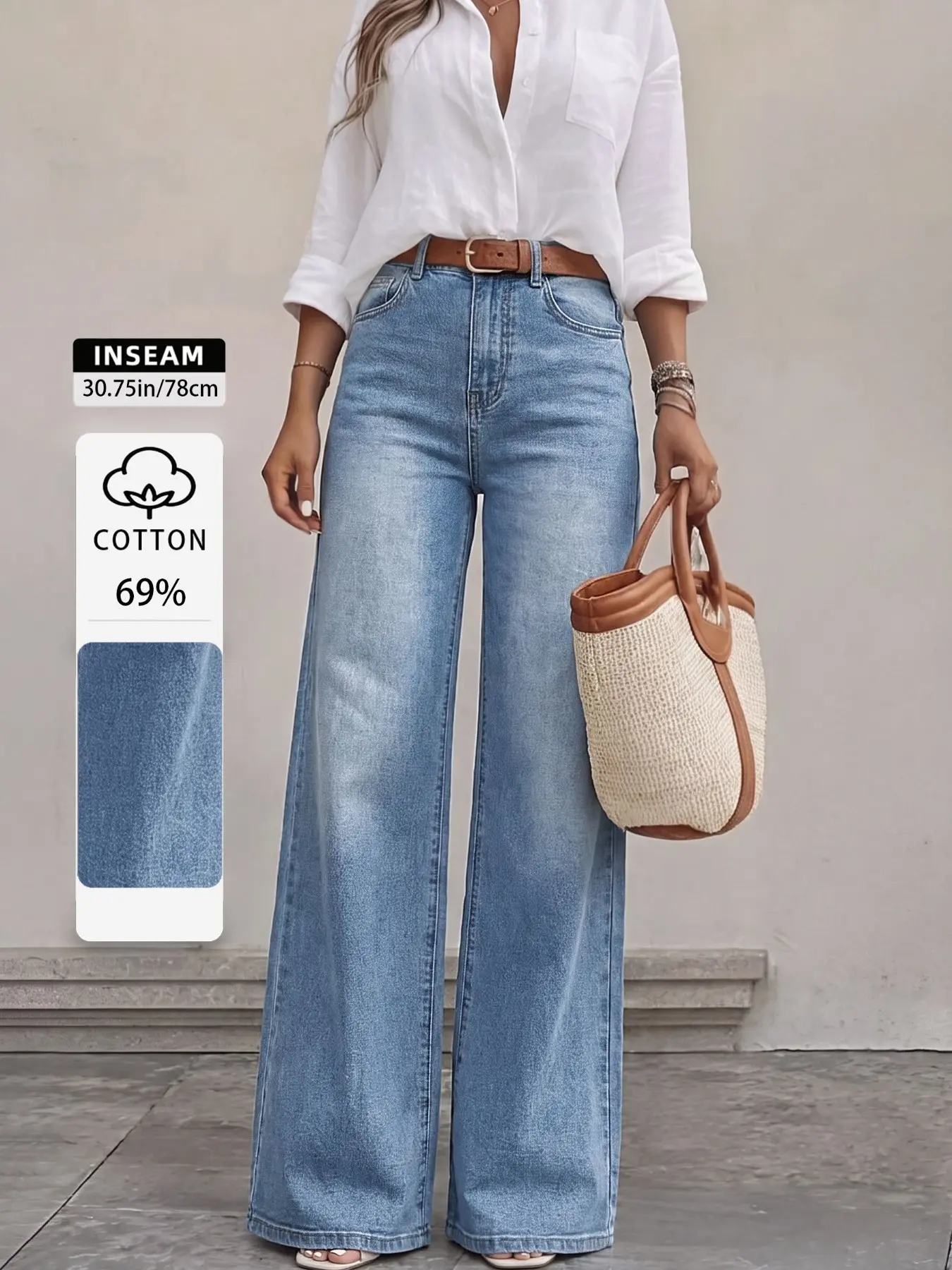Elegant High Waisted Wide Leg Jeans for Women, All Seasons Comfortable Loose Denim Trousers with Whiskering, Washed & Abrasion Details, Chic Style Summer Pants, Everyday Wear Bottoms