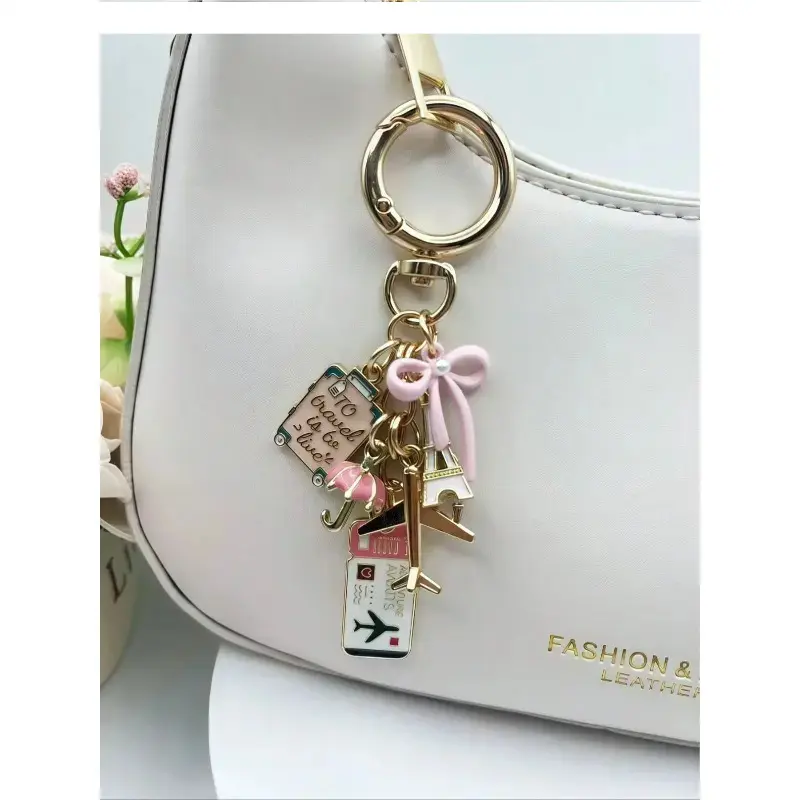 Bow Travel Theme Alloy Keychain, Cute Airplane Tower Charm Key Ring, Stylish Bow Decor Key Pendant, Portable Fashion Bag Charm, Unisex Lovely Ornament Accessories Perfect for Car Keys, Backpack Decor, Handbag Embellishment and Daily Travel Matching