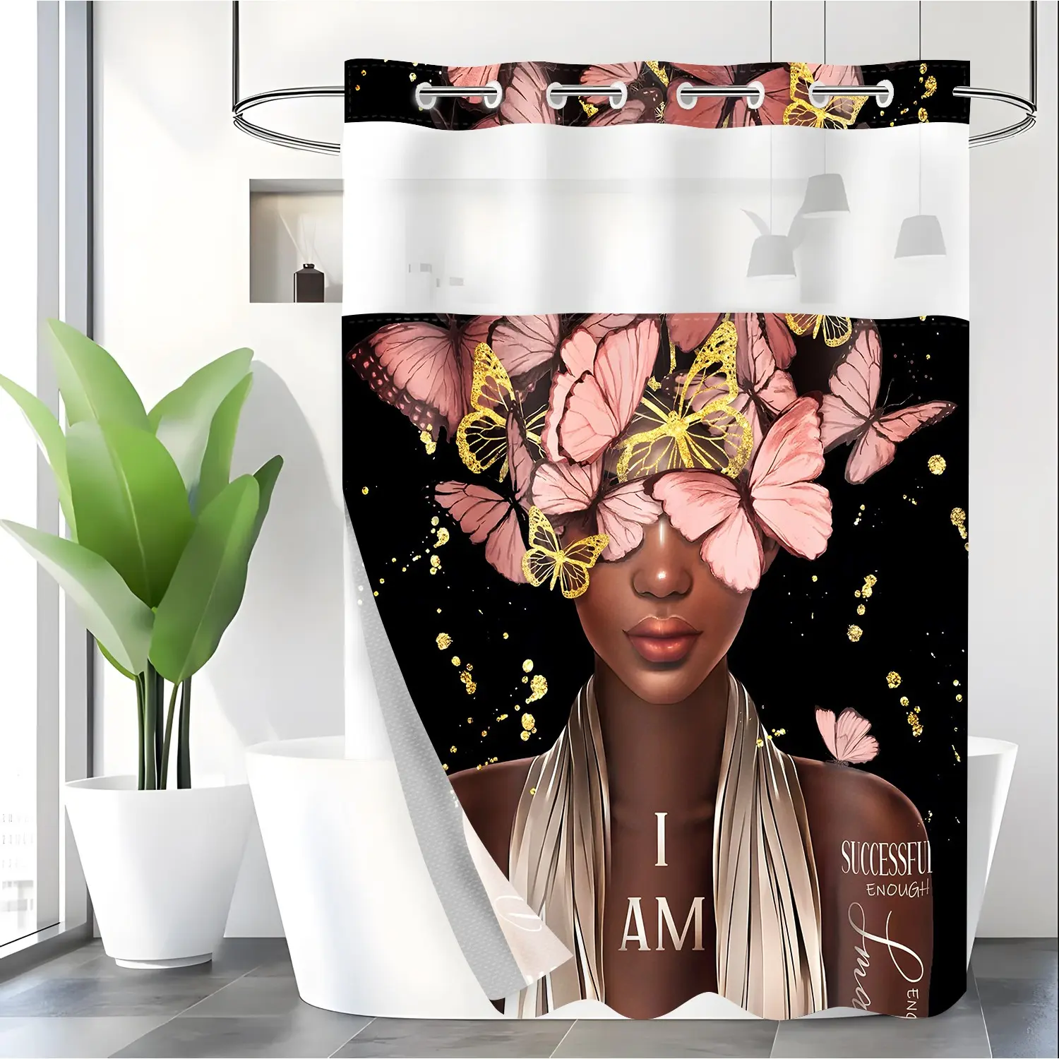 LVRLVR 1pc Pink Gold Butterfly Self Love Melanin Woman Shower Curtain, Black Glitter Speck Background Afro Lady I Am Positive Affirmation Print, Sheer Top Window, Detachable Liner & Hook-Free Integrated C-Ring, 70.8" x 74"