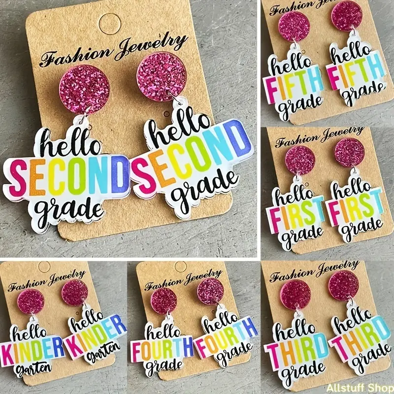 Colorful Grade Letter Earrings, Sparkling Acrylic Initial Pendant Dangles, Hypoallergenic Unisex Jewelry for Teacher's Day & Back-to-School, Nickel-Free, Decorative Initial Earrings tiktokshopbacktoschool