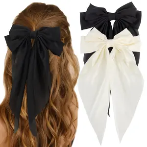 Hair Bows Black White Large Silky Satin Hair Bow for Women Girl 2Pcs Oversized Long Tail Big Hair Ribbons Barrettes Clips Bowknot Aesthetic Accessories Trendy Stuff