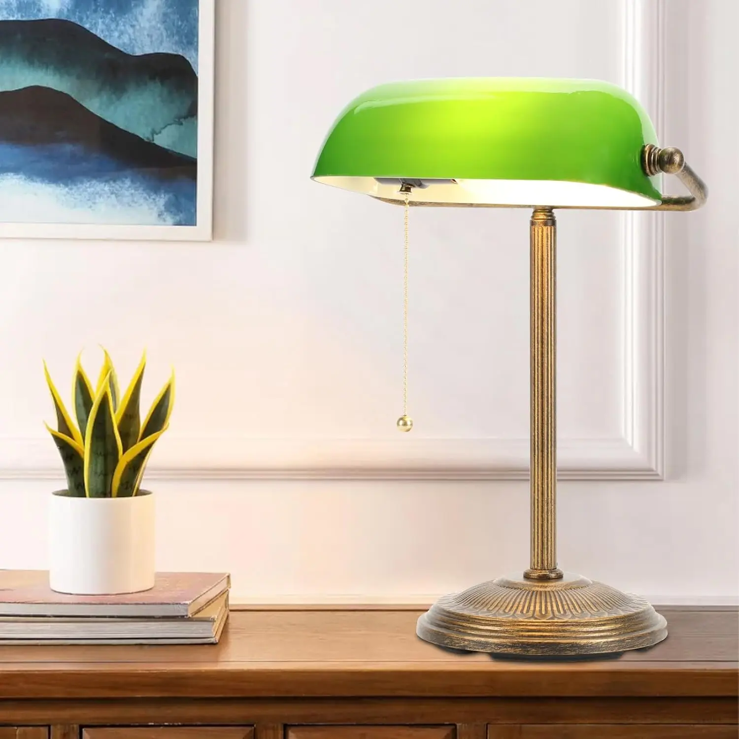 Bankers Desk Lamp, Green Glass Shade, Vintage Desk Lamp with Pull Chain Switch, Retro Table Lamps for Home Office(Retro Gold+Green, Small)