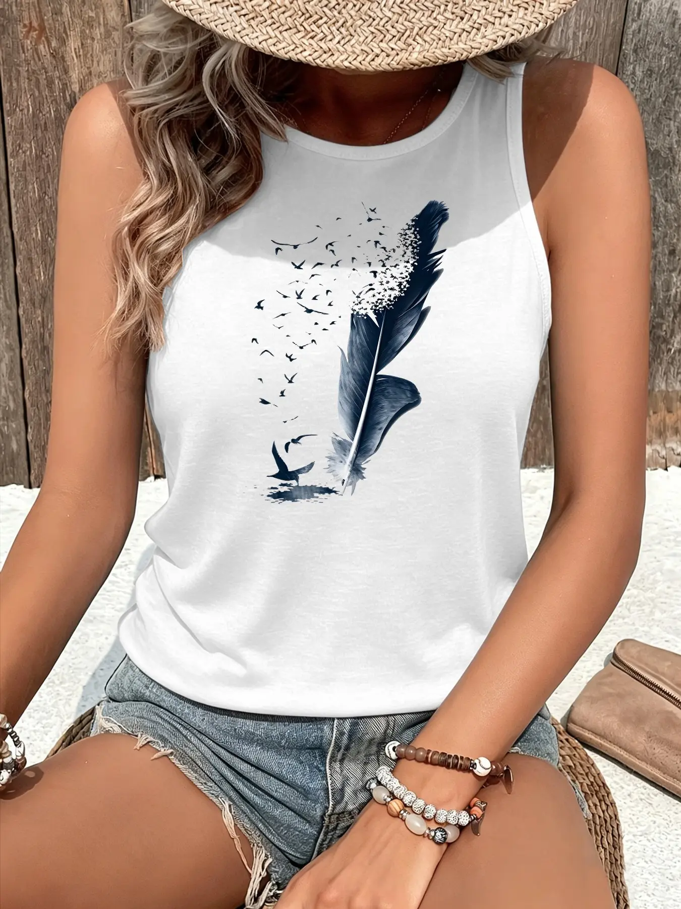 Artistic Feather and Bird Print Tank Top, Casual Round Neck Sleeveless Summer Vest, Comfortable Breathable, Women's Fashion S-Xxl