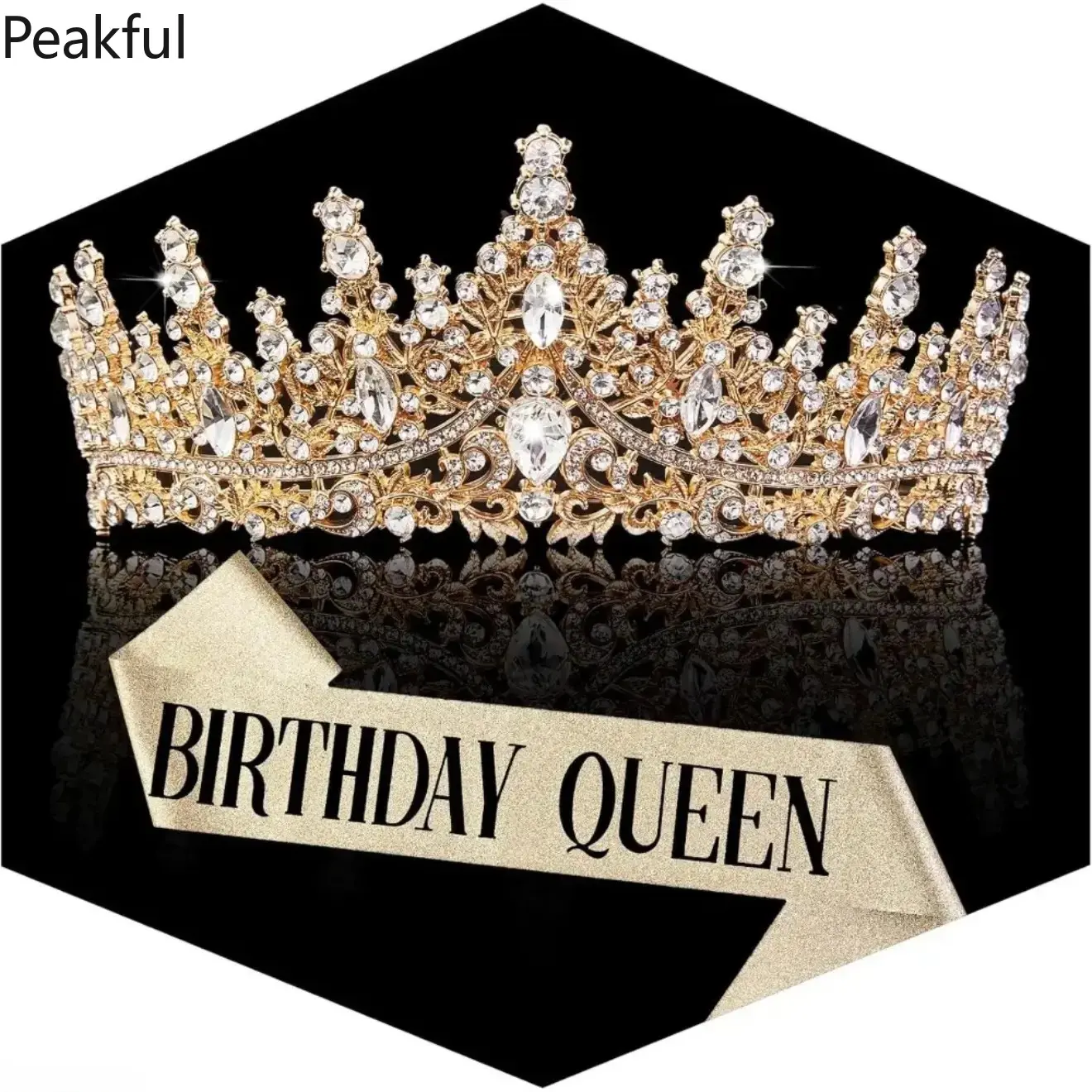 Women's Gold Tiara and Sash Set with 'BIRTHDAY QUEEN' Print, Radiant Rhinestone Headpiece for Birthday Party Outfits, Secure Fit, Gold Headpiece, Female, Letters, One Size Fits Most