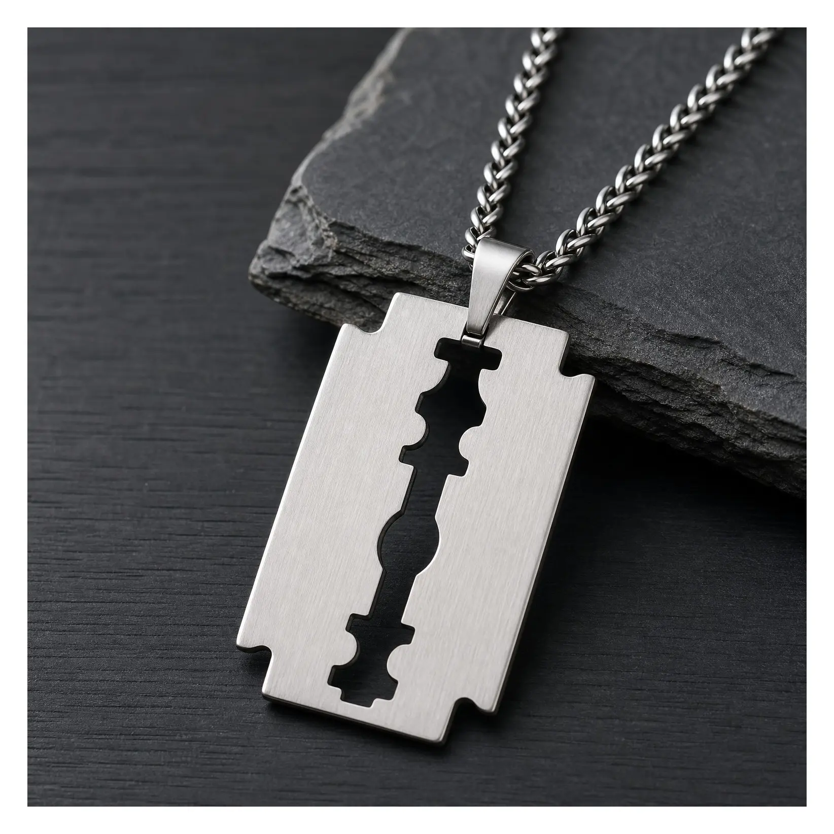 Men's Stainless Steel Razor Blade Dog Tag Pendant Hip Hop Necklace, Punk Rock Jewelry, Adjustable 22-24 Inch, with BoxGift