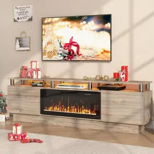 80 Inch High Gloss Grey Fireplace TV Stand Entertainment Center, Built-in 36" Electric Fireplace Insert, Premium Stainless Steel Frame & Dimmable Custom LED Ambient Lighting, Heavy Duty Sturdy Television Console Compatible with Televisions Up to 90", Luxu