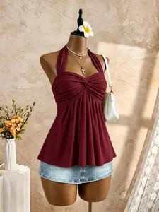 European and American Style Halter Neck Knot Waist Crop Top, Summer Belly Concealment A-Line Ruched Shirt, Vacation Chic Solid Color Sleeveless Women's Tank Top