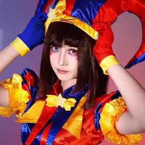 Adult Women Clown Cosplay Costume Jester costume Blue Red Jumpsuit and Hat with Gloves Socks Christmas Halloween Party Costumes