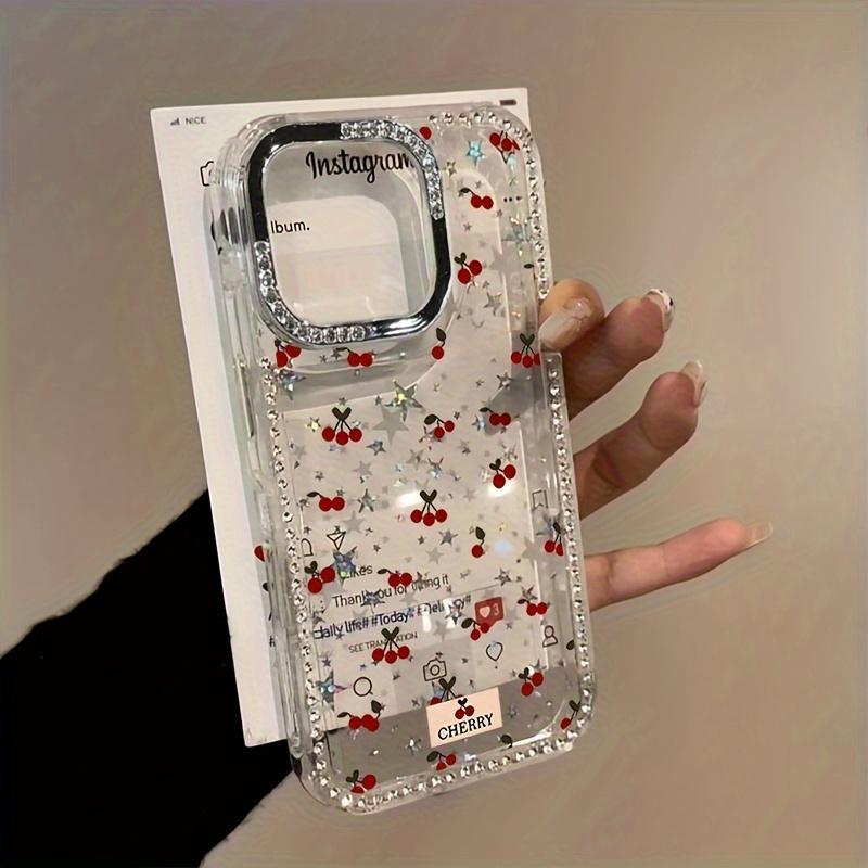 A Full-Screen Cherry Phone Case Featuring a Large Hole Rhinestone Frame with Stars, Designed for Iphone17 16 Pro Max, 15 Plus, 14, 12. This Protective Cover Makes a Great Gift for Christmas, New Year, Easter, And Halloween