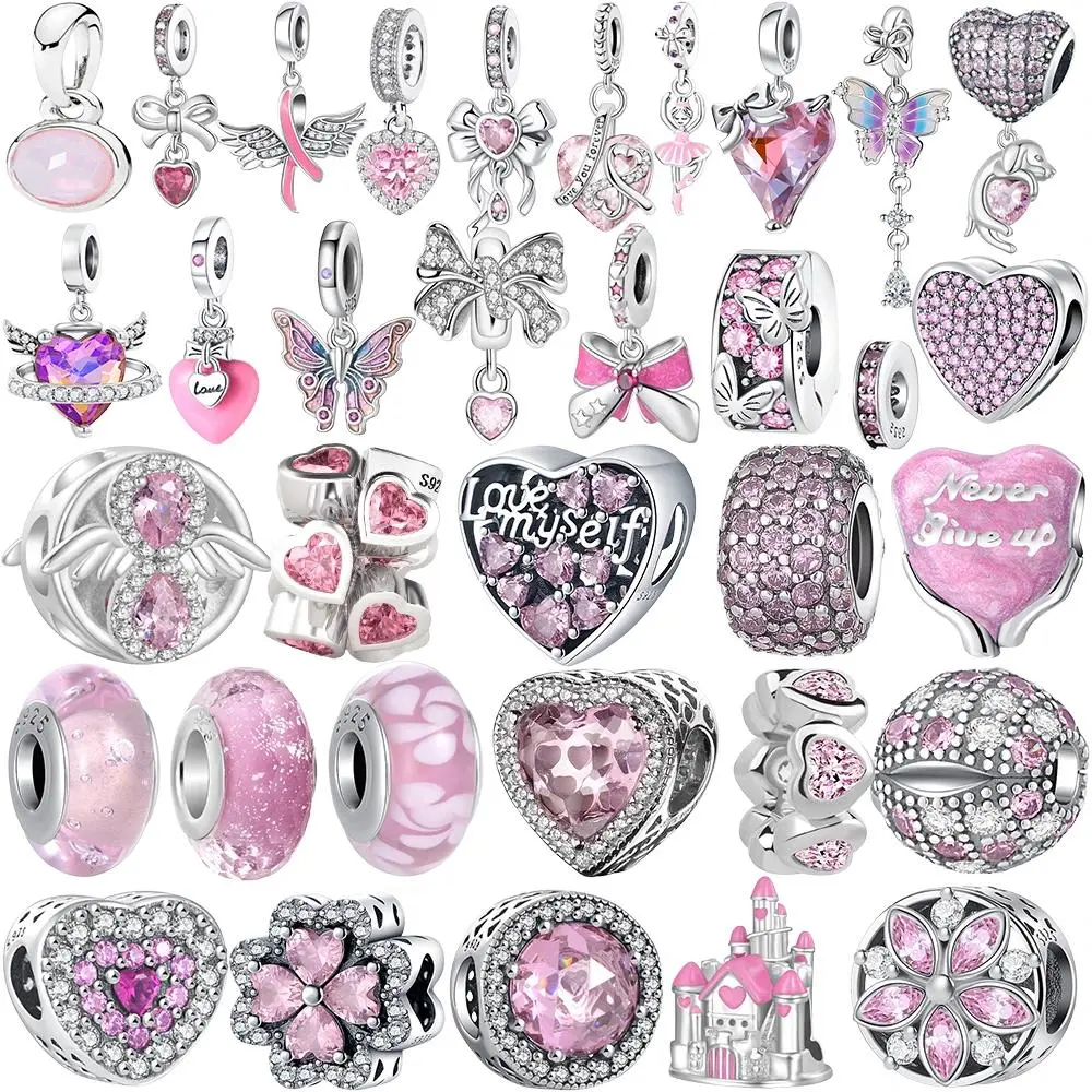 925 Silver Pink Series Bow Zircon Flower Bead Charm Pendant Fit Bracelet Necklace Fine DIY Jewelry Making For Women