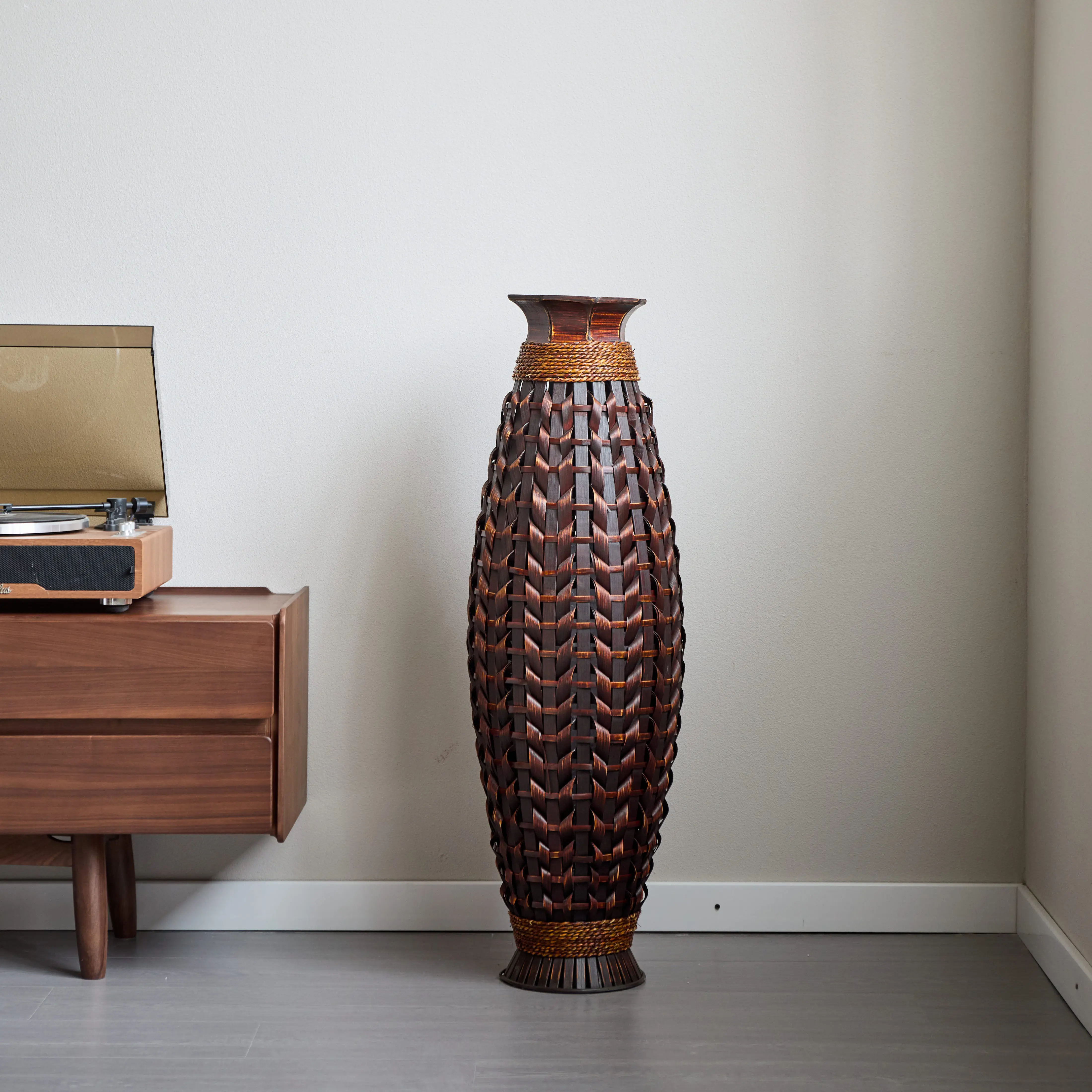 Nokaa Handwoven Natural Bamboo Floor Vase 38.97in Tall Boho Decorative Vase for Living Room Entryway Rustic Farmhouse Woven Vase for Pampas Grass Dried Branches Acacia Wood Color, Bamboo Material, American Design